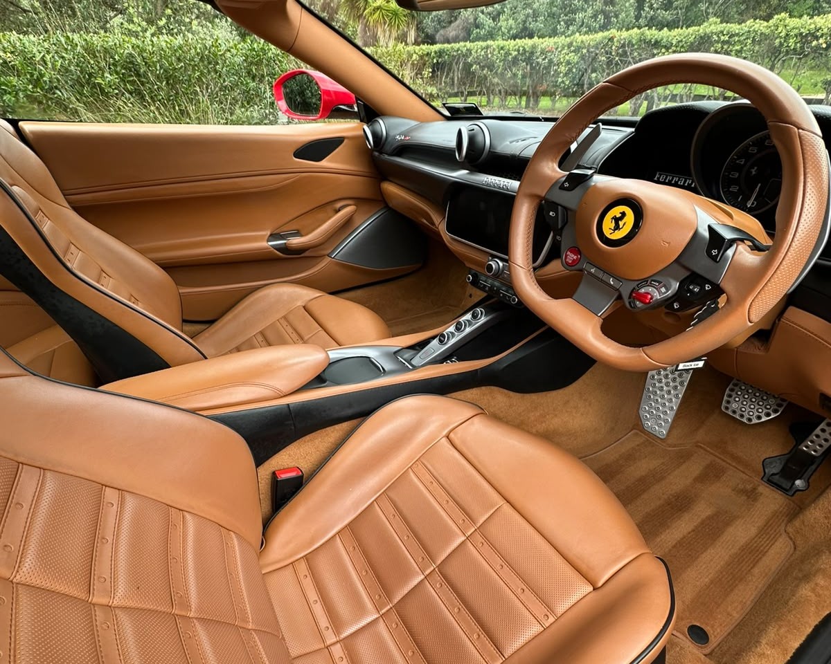 Ferrari interior detail - tan leather cabin, Auckland mobile detailing